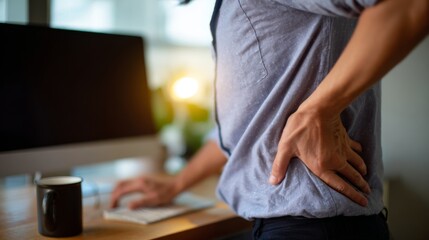Fototapeta premium A young Asian man standing at a desk with a pained expression, indicating back discomfort while working on a computer.