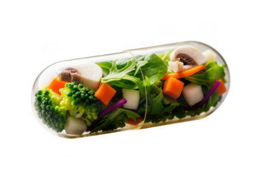Fresh healthy salad inside transparent capsule representing nutritional supplements and wellness transparent background