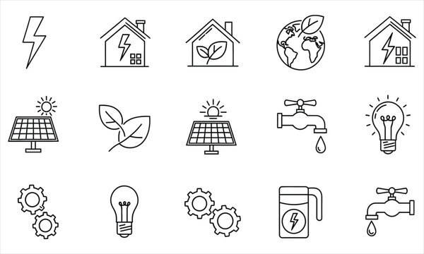 A set of thin line icons representing green energy, sustainability, and eco-friendly technology concepts 94