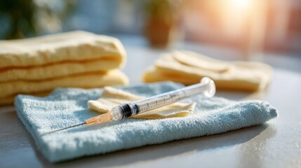 A close-up of a syringe resting on a blue cloth with yellow towels in the background, symbolizing healthcare and medical readiness.