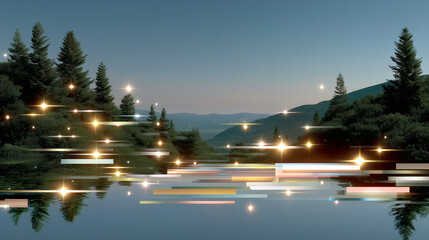 A lake in the mountains against the night sky. Natural landscape with digital errors. Glitch art style. Balance of nature and technology.