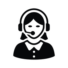Solid black icon displays a woman wearing headset and microphone for communication