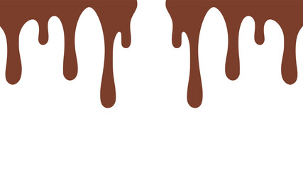 Melted chocolate or syrup drips isolated on a white background. Flowing liquid chocolate border element. A sweet brown syrup or sauce that melts and drips.