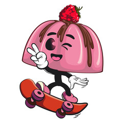cute pink jelly dessert mascot cartoon vector food illustration, adorable raspberry pudding character with Chocolate Topping jumping on a skateboard and giving a peace sign, work of hand drawn