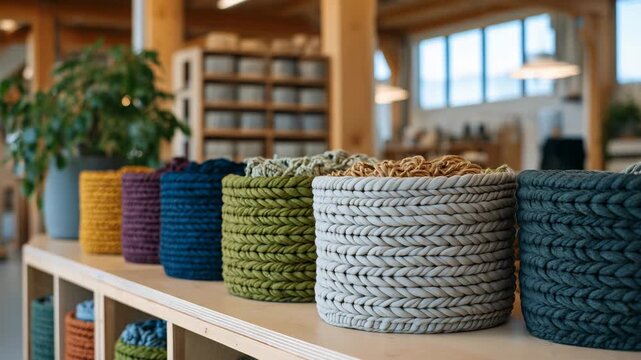 76Eco-friendly textile production workshop, circular containers filled with colorful recycled fibers ready for reuse, minimalistic modern setup with natural lighting and sustainable