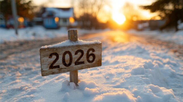 A wooden sign reading '2026' stands in the snow, framed by a winter sunset, creating a serene and hopeful ambiance. - Powered by Adobe