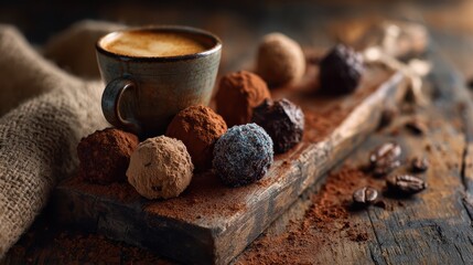 Chocolate truffles on rustic wooden board with coffee