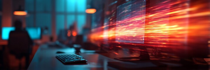 A dynamic image of a modern workspace featuring computers with vibrant motion blur effects, emphasizing speed and technology in a digital environment.