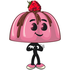 cute pink jelly dessert mascot cartoon vector food illustration, adorable raspberry pudding character with Chocolate Topping folding his arms calmly, work of hand drawn