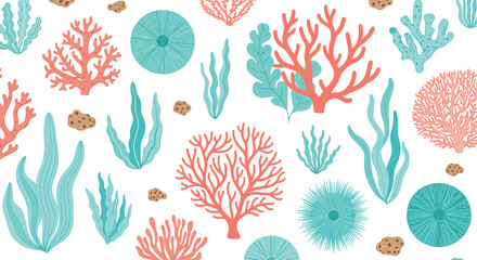 Coral reef and seaweed vector set with ocean plants, marine algae, underwater sea corals and decorative coastal aquatic botanical elements © Sumon Creative