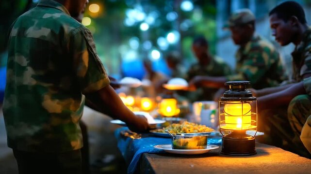 Defocused twilight scene of soldiers and locals sharing a meal after a day of work, soft light of lanterns, unity and mutual respect, with copy space