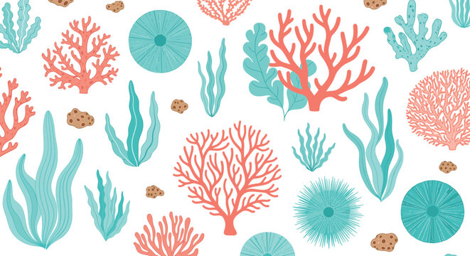 Coral reef and seaweed vector set with ocean plants, marine algae, underwater sea corals and decorative coastal aquatic botanical elements