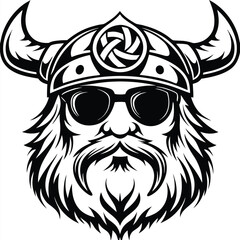 Viking warrior with sunglasses, beard, and horned helmet boldly stares ahead in black and white