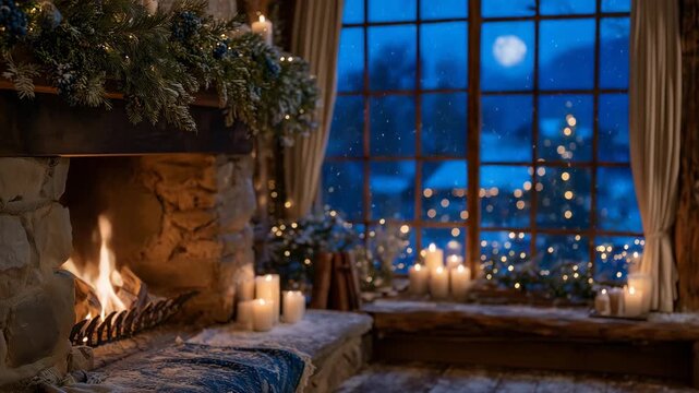 86Christmas Eve scene with a crackling fireplace surrounded by candles and garlands, snow falling softly outside the frosted window, warm amber light blending with cool moonlit snow,