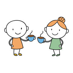 Adorable stick-figure kids sit together sipping warm tea from tiny cups, their simple smiles and playful poses creating a sweet, cozy scene perfect for a cute coloring page.”