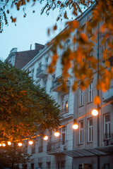 winter in the city, street in warsaw , city landscape evening autumn 