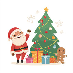 Cartoon Cheerful Santa Claus Character Standing Near Christmas Tree Illustration
