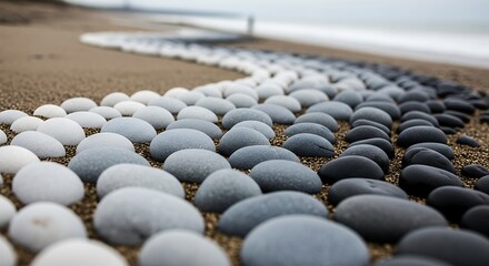 Colorful Smooth Stones on Sandy Beach with Ocean Waves in Background