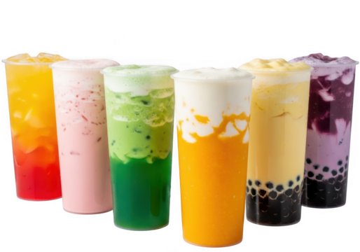 Vibrant assortment of refreshing bubble teas and fruity drinks in tall clear cups transparent background