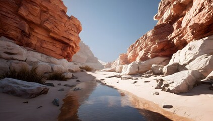 Stunning natural landscape of a desert canyon with tall rough cliffs and a small reflective river running through the sandy ground under a clear blue sky