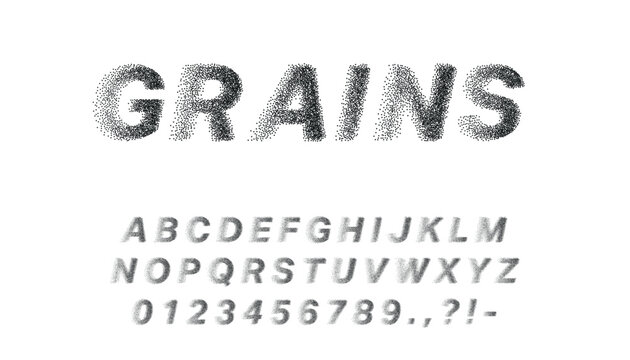 Grainy halftone font with dispersed dot texture on white