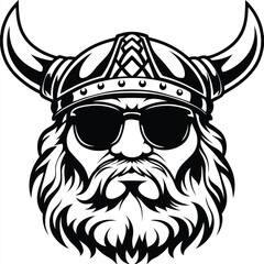 Viking warrior's bold monochrome visage features horned helmet and dark sunglasses for added mystique