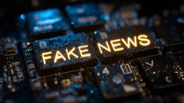 101Extreme close-up of keyboard key with glowing FAKE NEWS letters, reflections on polished key edges, dark background enhancing ominous and cautionary message