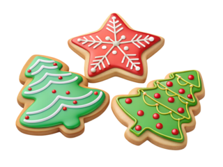 Festive christmas cookies: star and two decorated tree shapes