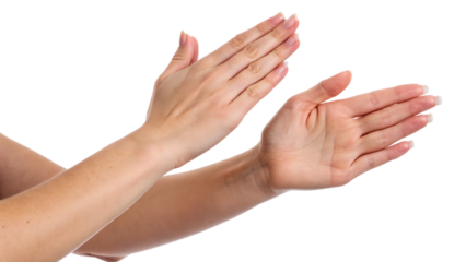Woman’s hands clapping in applause or rubbing gesture cut out on PNG. AI GENERATED.
