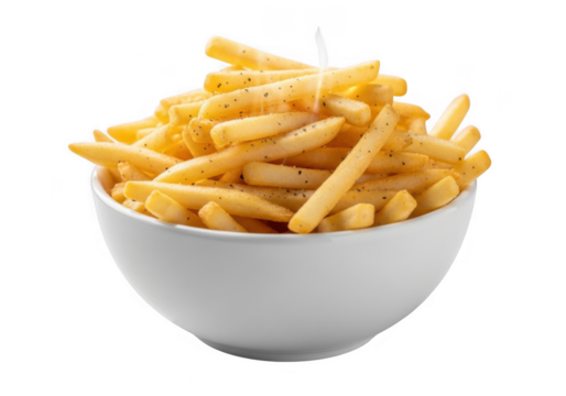 Delicious crispy golden french fries served in a white bowl appetizing fast food favorite transparent background