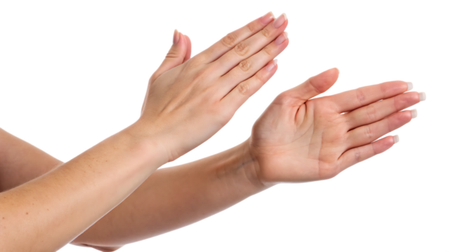 Woman’s hands clapping in applause or rubbing gesture cut out on PNG. AI GENERATED.
