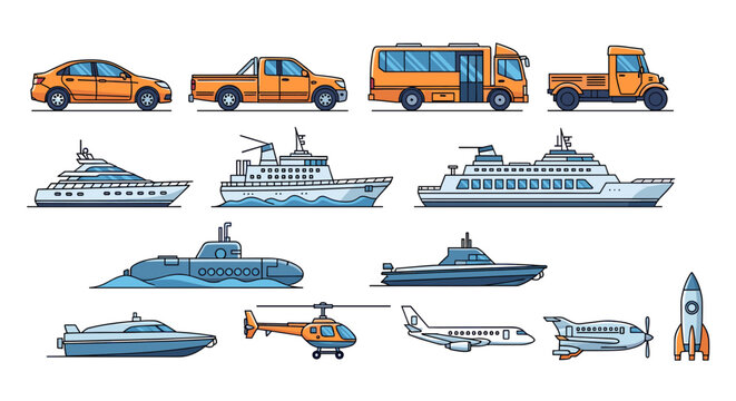 Set of modern transportation modes featuring cars, trucks, buses, ships, planes, and helicopters, illustrating diverse global mobility solutions in a clean vector style