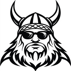Monochrome drawing of a Nordic Viking face wearing sunglasses and helmet with horns is seen