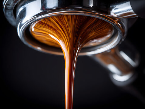 Rich Crema Flowing from Portafilter on Dark Background