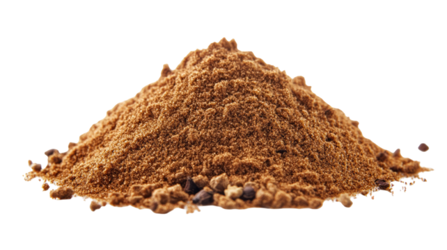 Garam masala with warm aromatic ground spice blend showing rich brown texture and detailed mixed seasoning clearly displayed isolated on white background