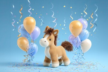 Celebration scene with a plush horse toy surrounded by colorful balloons and confetti on a blue background
