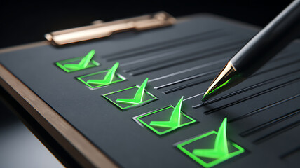 Checklist completion with green checkmarks and pen on dark clipboard, success and tasks finalized