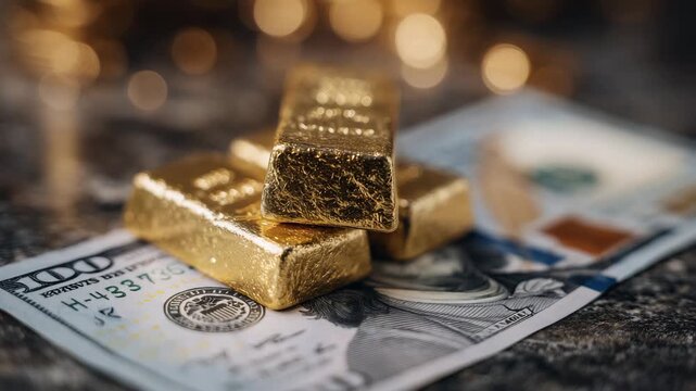 116Perspective close-up of gold bullion atop paper money, reflections glinting on gold surfaces, soft shadows, conceptual representation of wealth, currency, and inflation trends