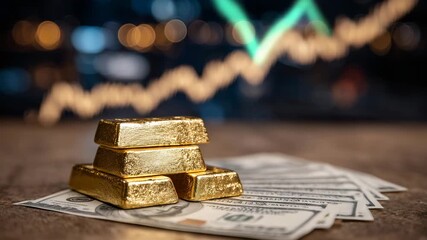 120Stacked gold bars resting on spread dollar bills, warm side lighting highlighting metallic shine, faint upward graph indicating inflation or financial growth subtly in background