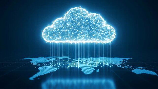 Dynamic cloud computing network connecting global data streams with futuristic technology, showing worldwide digital connectivity and data transfer
