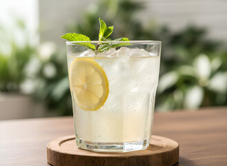 A refreshing glass of iced lemonade with a lemon slice and mint garnish on a wooden coaster.