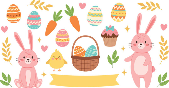 Cute Easter bunny clipart collection with decorated eggs, carrots, spring flowers, chick, basket and cupcake in pastel colors