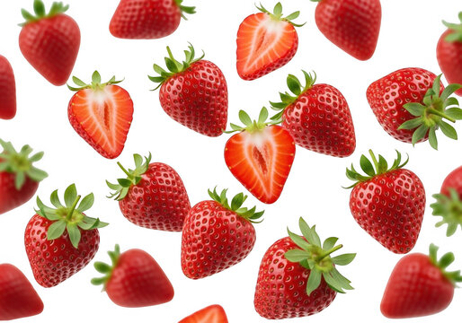 Fresh ripe strawberries scattered vivid red fruit pattern closeup nature healthy food transparent background
