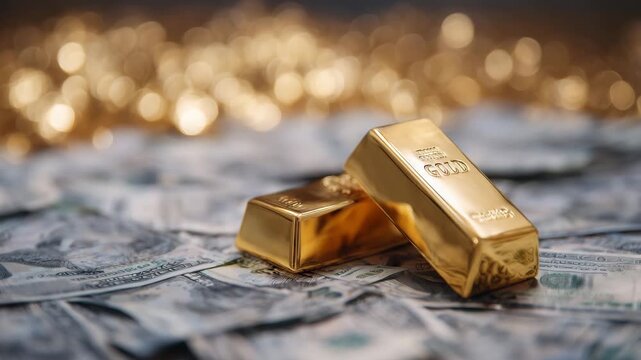125Artistic perspective of gold bars lying diagonally on scattered money, shallow depth of field, soft lighting highlighting metallic gleam, conceptual illustration of economic value
