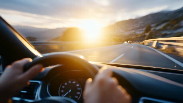 128First-person driving perspective with hands gripping wheel, highway lanes converging toward sun setting on horizon, warm light spilling onto steering wheel and interior, sense of j
