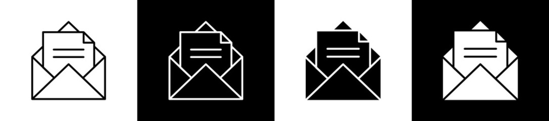 Email icon set in line and glyph style on black and white background