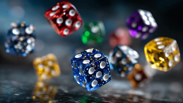 133Multiple colorful dice suspended mid-flight, each showing different numbers, reflections glinting off polished surfaces, dark moody background enhancing sense of chance and excitem