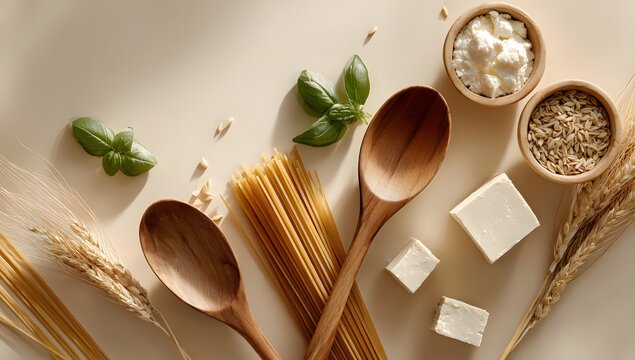 Overhead shot of spaghetti, a wooden spoon, and various fresh ingredients on a light beige background for cooking