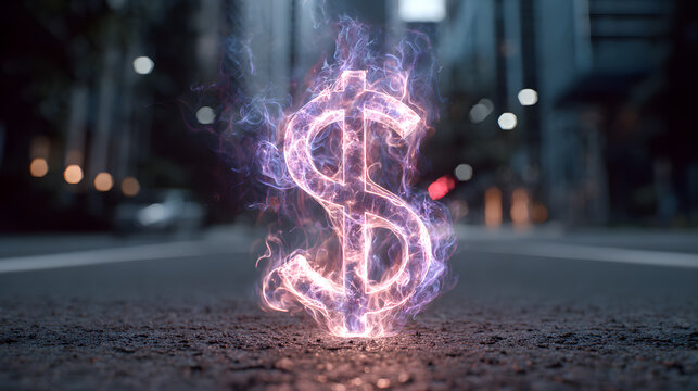 Glowing Currency Symbol on City Street Representing Digital Finance Power