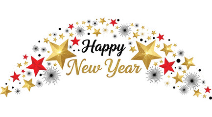 Happy new year text with golden and red stars and black fireworks isolated on